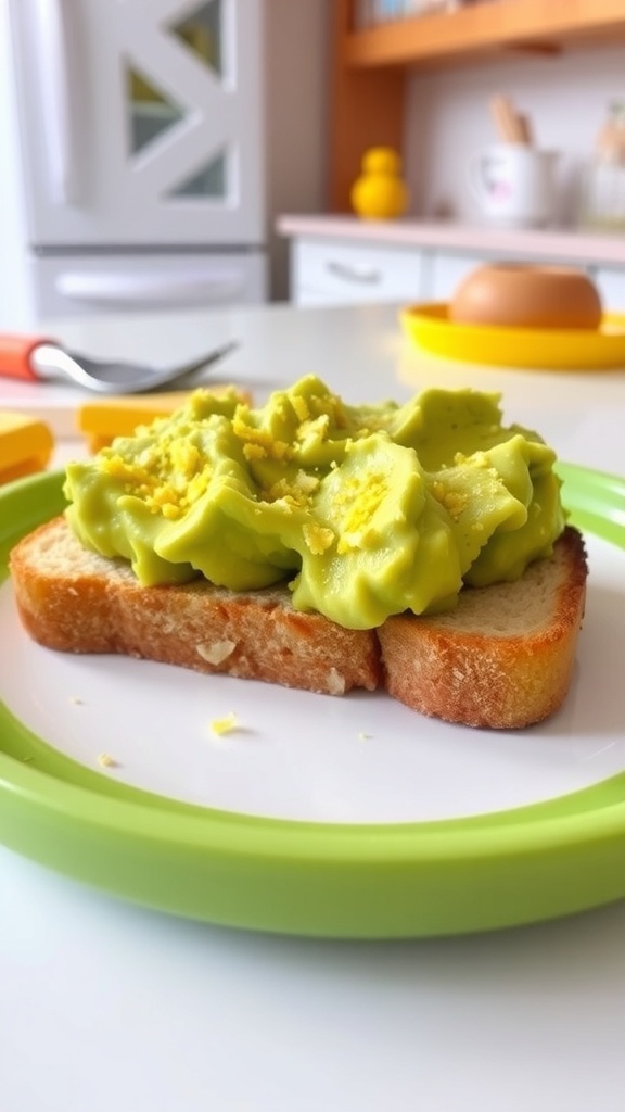 Avocado toast for babies on whole-grain bread, cut into small pieces, set in a bright kitchen.